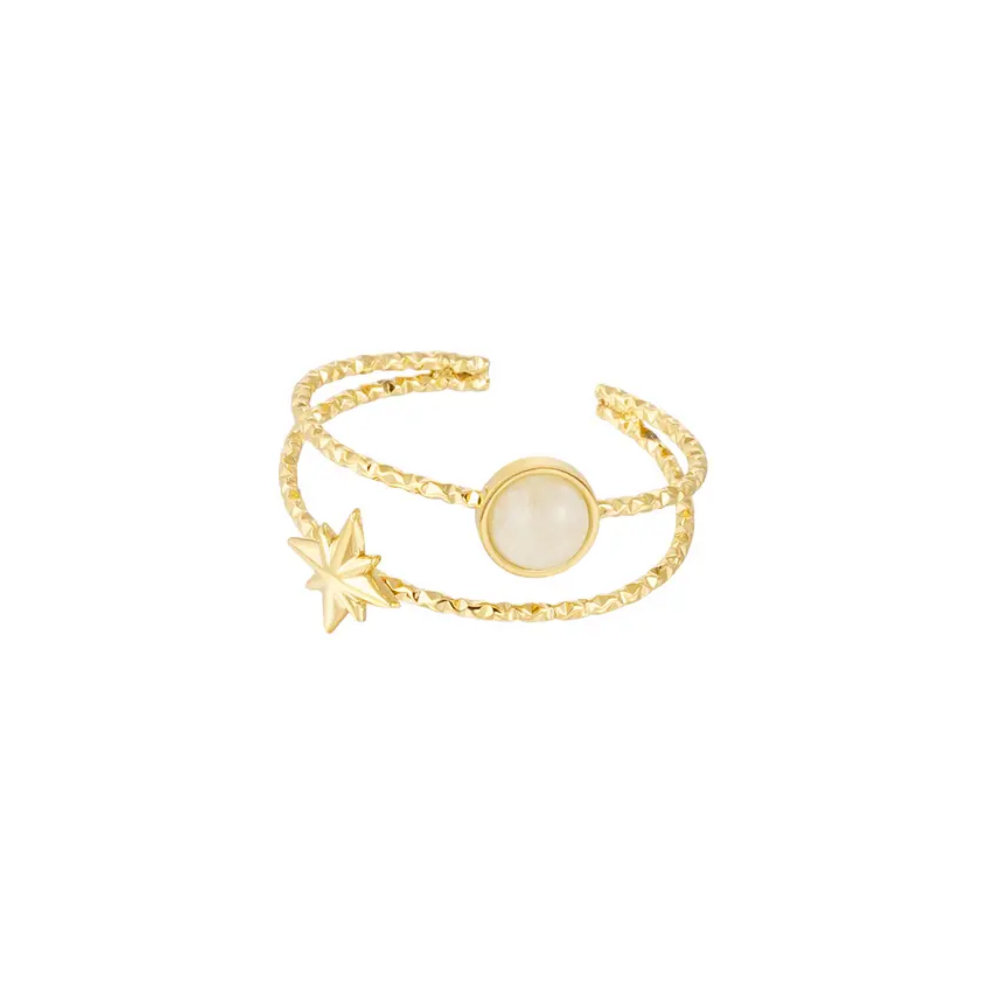 Yehwang | Dubbele ring Febe van goudkleurig stainless steel met ster & beige steentje | Conceptstore Sisalla