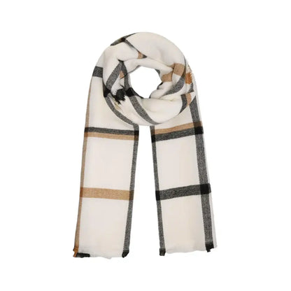 Yehwang | Witte sjaal met camel & zwarte strepen | Conceptstore Sisalla