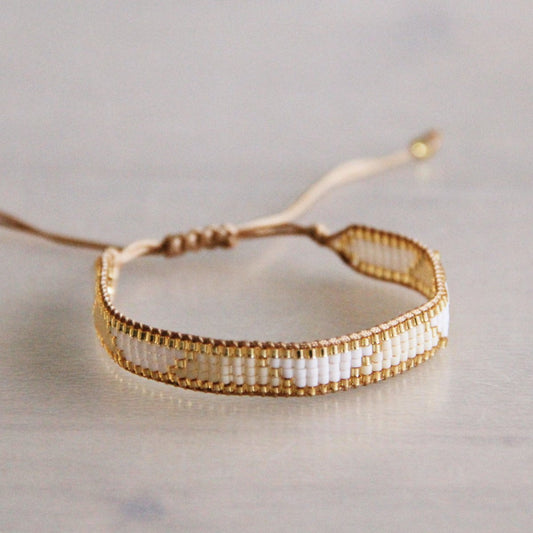 Geweven armband | Wit, champagne & goud