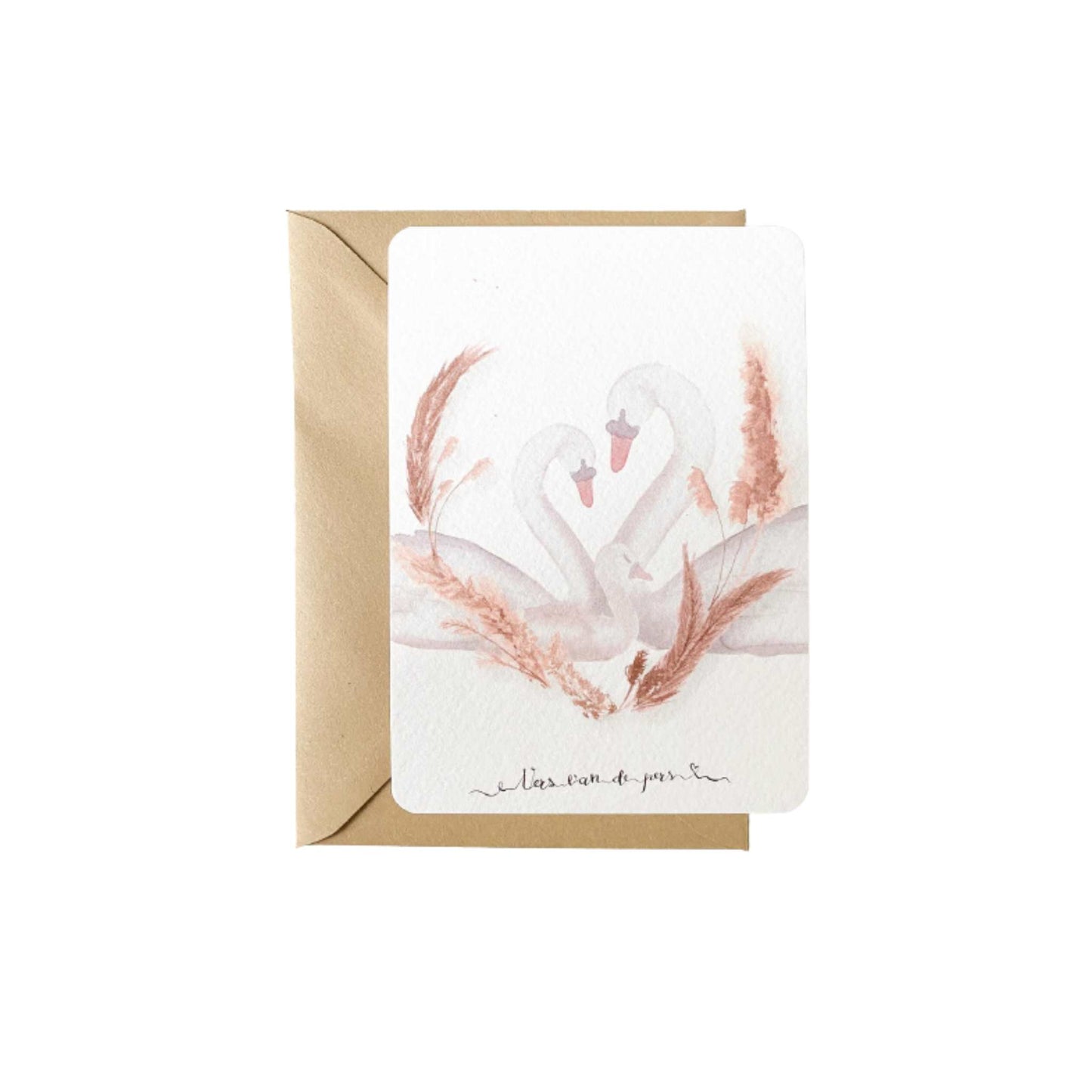 Vers van de pers | Witte A6-kaart met aquarel van twee volwassen zwanen en een klein zwaantje, rondom voorzien van pampaspluimen