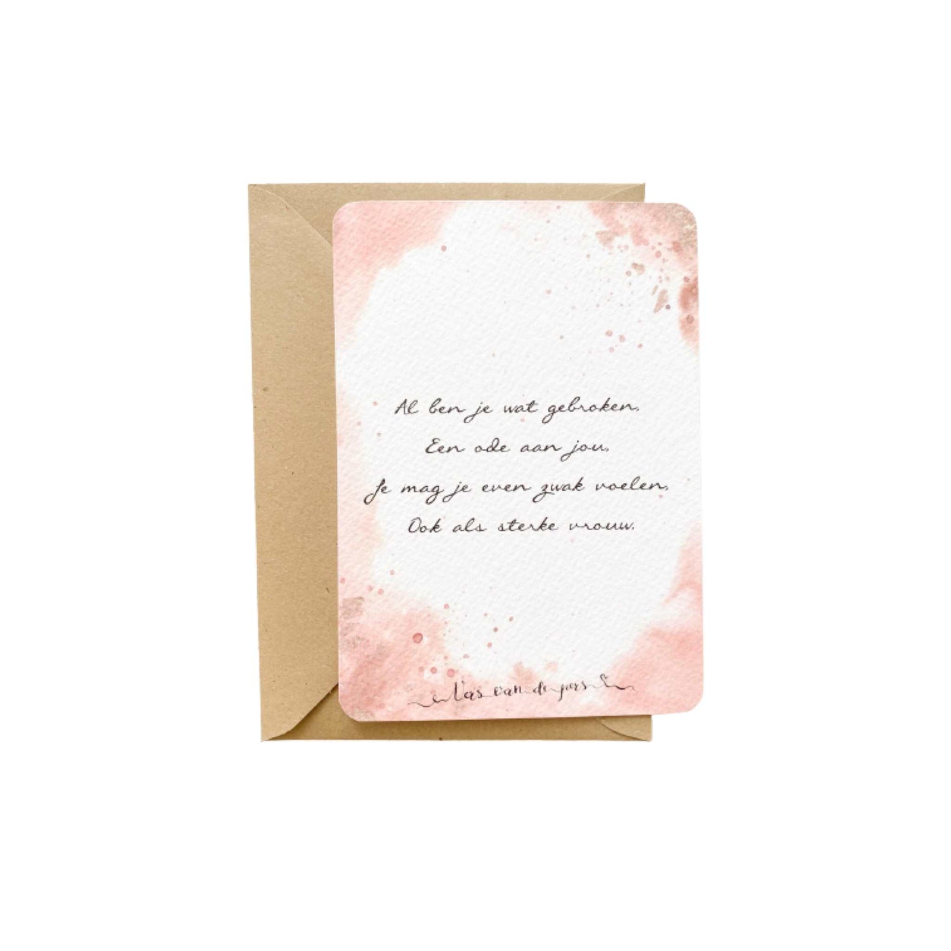 Vers van de pers | Witte A6-kaart met roze aquarel en een kort gedichtje voor een sterke vrouw
